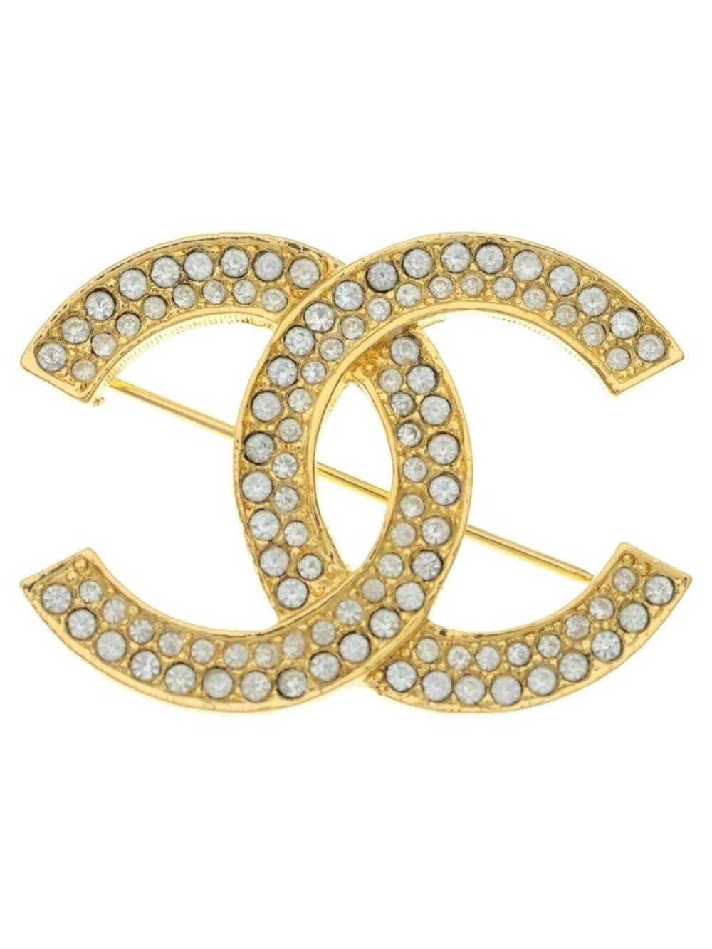 Chanel CC Logo Rhinestone Brooch Pin Badge Gold